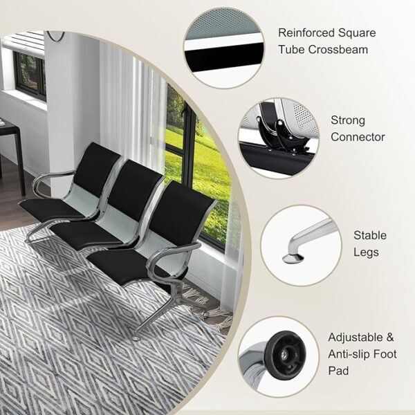 3-Link Padded Waiting Lobby Office Bench with durable metal frame and plush seating for three.