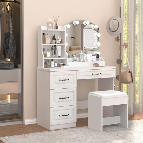 White Bedroom Vanity Set Makeup Table with mirror, drawers, and comfortable chair for organizing makeup and beauty essentials.