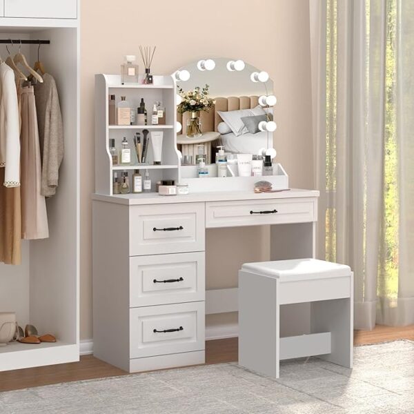 White Bedroom Vanity Set Makeup Table with mirror, drawers, and comfortable chair for organizing makeup and beauty essentials.