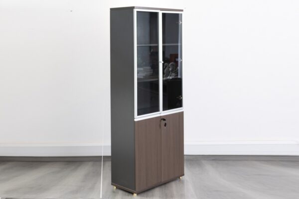 Brown 2-Door Glass Office Storage Cabinet with adjustable shelves and tempered glass doors.