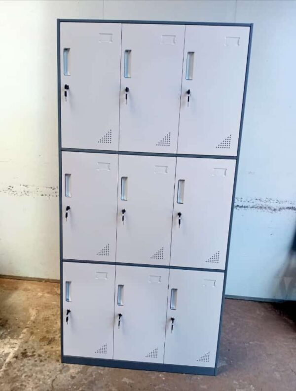 9-Locker Steel Storage Office Cabinet with individual lockable compartments in a modern office or workspace setting.