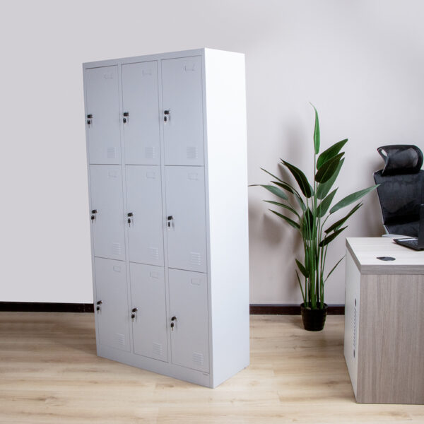 9-Door Locker Metallic Storage Office Cabinet with individual lockable compartments for secure storage in a professional setting.