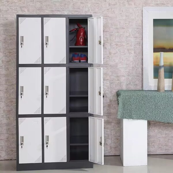 9-Locker Steel Office Storage Cabinet with secure locking mechanisms, durable construction, and vented doors for airflow.