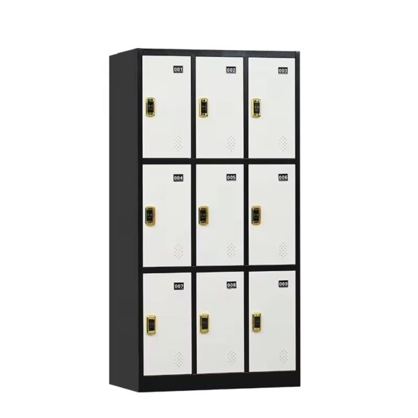 9-Locker Steel Office Storage Cabinet with secure locking mechanisms, durable construction, and vented doors for airflow.