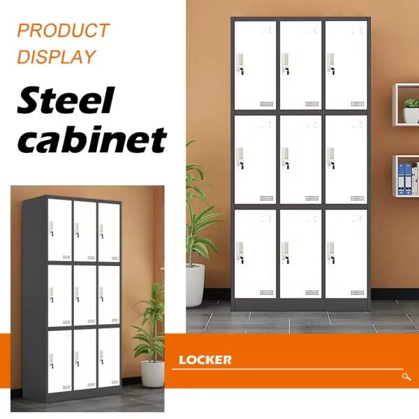 9-Locker Steel Office Storage Cabinet with secure locking mechanisms, durable construction, and vented doors for airflow.