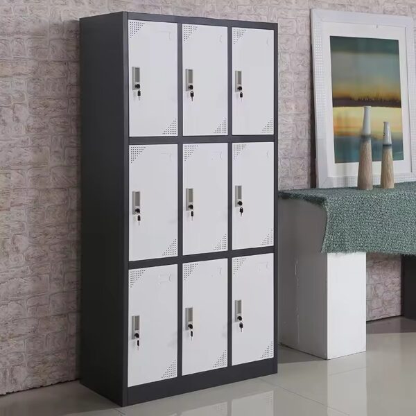 9-Locker Steel Office Storage Cabinet with secure locking mechanisms, durable construction, and vented doors for airflow.