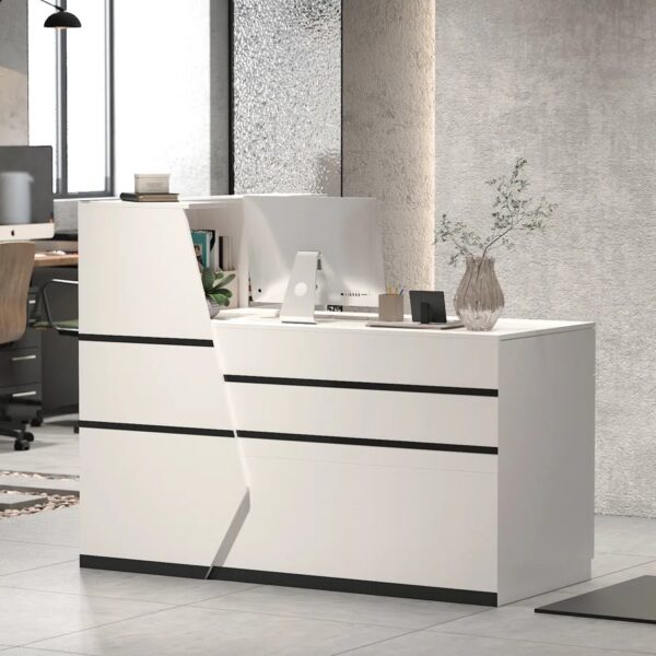 1600mm L-shaped reception office desk with wood veneer finish, storage drawers, and ample workspace.