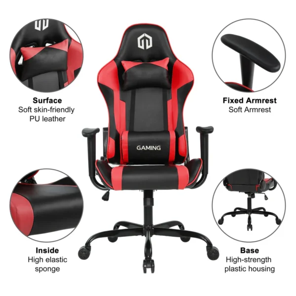 Ergonomic Leather Racing Style Gamer Chair with adjustable features, padded seat, and lumbar support for comfort during gaming and work.