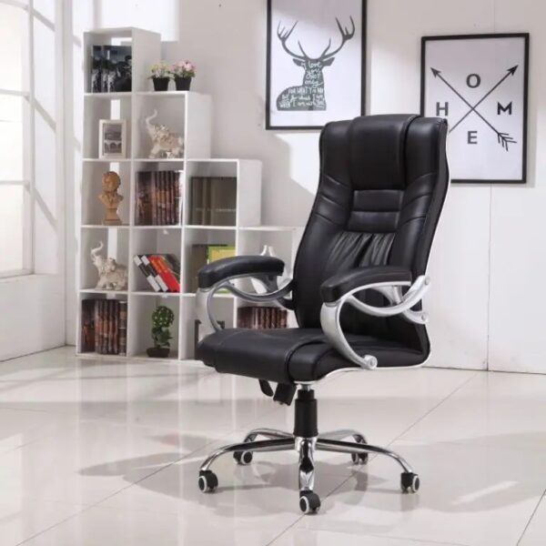 High-back Leather Executive Office Chair with premium leather upholstery, adjustable armrests, and ergonomic design, set in an office environment.