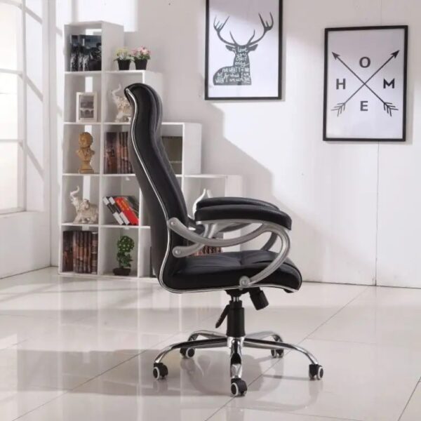 High-back Leather Executive Office Chair with premium leather upholstery, adjustable armrests, and ergonomic design, set in an office environment.