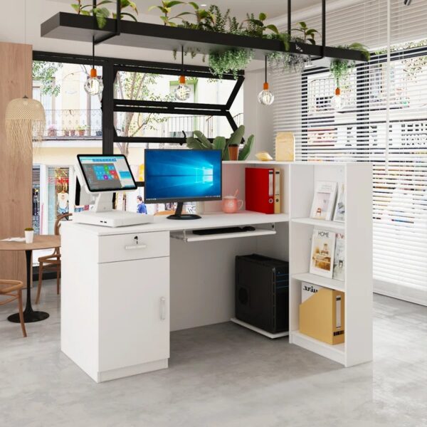 1600mm L-shaped reception office desk with wood veneer finish, storage drawers, and ample workspace.