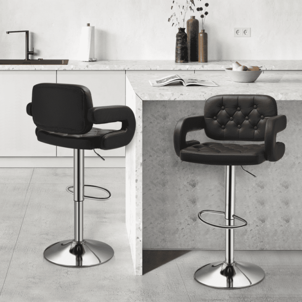 PU Swivel Faux Leather Adjustable Barstool with metal base and footrest.