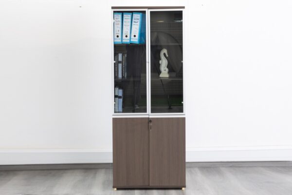 Brown 2-Door Glass Office Storage Cabinet with adjustable shelves and tempered glass doors.