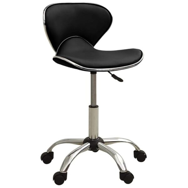 Ergonomic Height Adjustable Leather Barstool with padded seat, backrest, 360-degree swivel, and metal base.