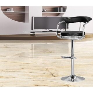 Adjustable Leather Barstool with backrest, padded arms, and chrome base, offering comfort and style for any space.