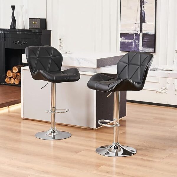 Leather Adjustable Swivel Black Barstool with Chrome Base, Footrest, and Modern Design for Kitchen or Bar