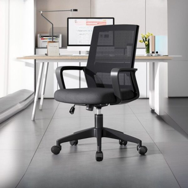 Ergonomic upholstered mesh office chair with breathable backrest, padded seat, adjustable height, and soft armrests.