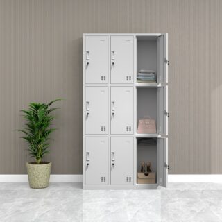 9-Locker Steel Storage Office Cabinet with individual lockable compartments in a modern office or workspace setting.