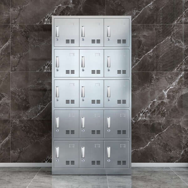 A 15-door stainless steel staff locker cabinet with sleek design, perfect for office and workplace storage, featuring individual compartments for secure organization.