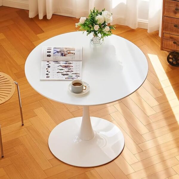 White Round Marble Bedside Dining Table with a polished marble top and sleek metal base.