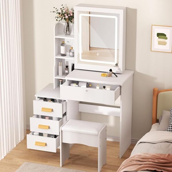 Cosmetic Bedroom Table with Mirror and Stool featuring ample storage space and an elegant, modern design perfect for any bedroom.