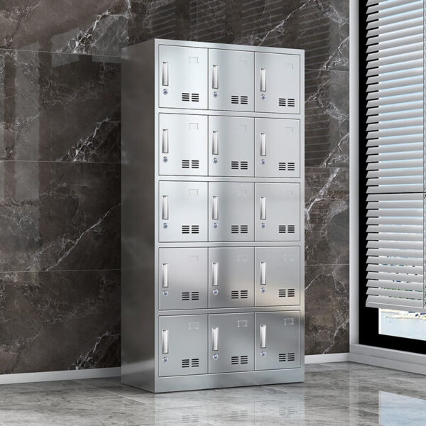 A 15-door stainless steel staff locker cabinet with sleek design, perfect for office and workplace storage, featuring individual compartments for secure organization.