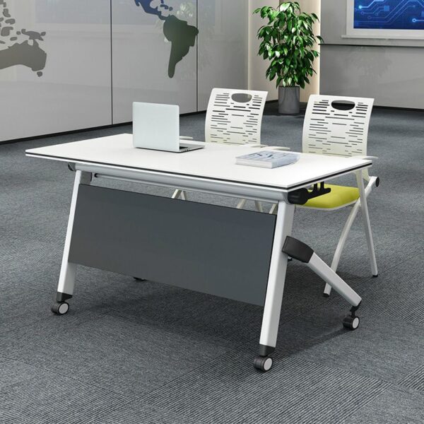 Mobile Pedestal Foldable Writing Desk with storage pedestal and rolling casters in a modern home office setting.