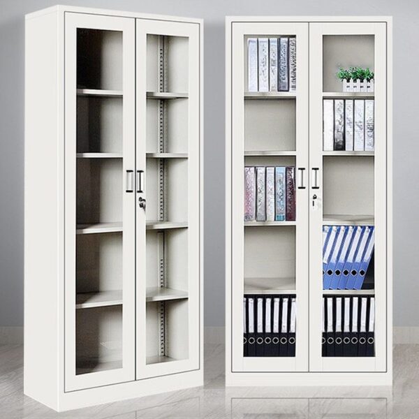 2-Glass Door Casual Steel Storage Cabinet with multiple shelves and transparent glass doors.