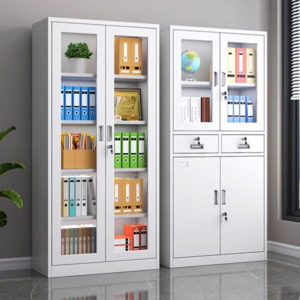 Full Glass 2-Door Chalk Storage Office Cabinet with adjustable shelves and sleek glass doors.