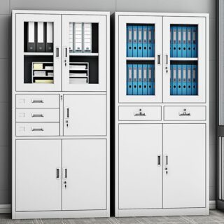 2-Door Metallic Office Cabinet with Safe, featuring adjustable shelves and a secure lockable safe for confidential storage.