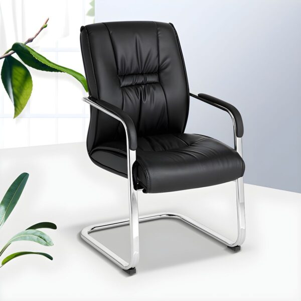 Shop the Executive Modern Black Leather Task Chair – Ergonomic design, plush leather upholstery, adjustable features, and sleek chrome base for ultimate comfort and style in any office.