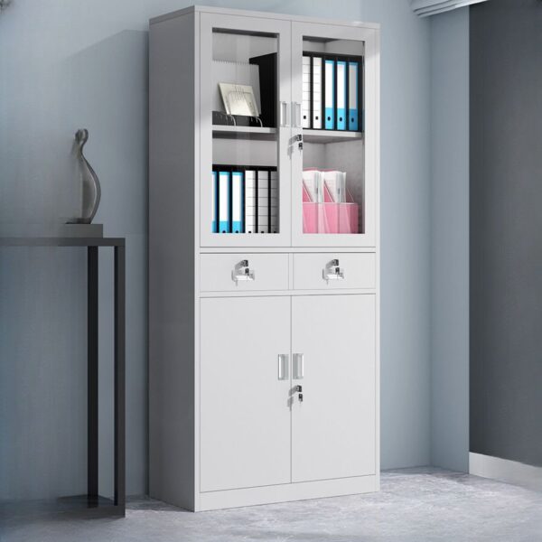 2-Door Steel Storage Cabinet with lockable drawers and adjustable shelves for versatile organization.