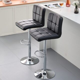 Midnight Black Adjustable Swivel Barstool with cushioned seat, metal base, and footrest.