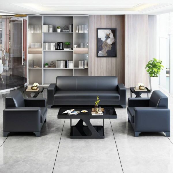 5-Seater Classic Black Reception Sofa Set in a stylish office setting.