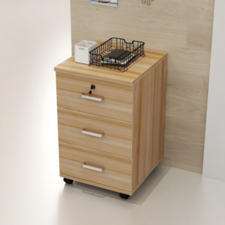 3-Drawer Pedestal Office Storage Cabinet with wood finish and lockable file drawer, placed beside an office desk.