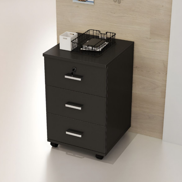 3-Drawer Pedestal Office Storage Cabinet with wood finish and lockable file drawer, placed beside an office desk.