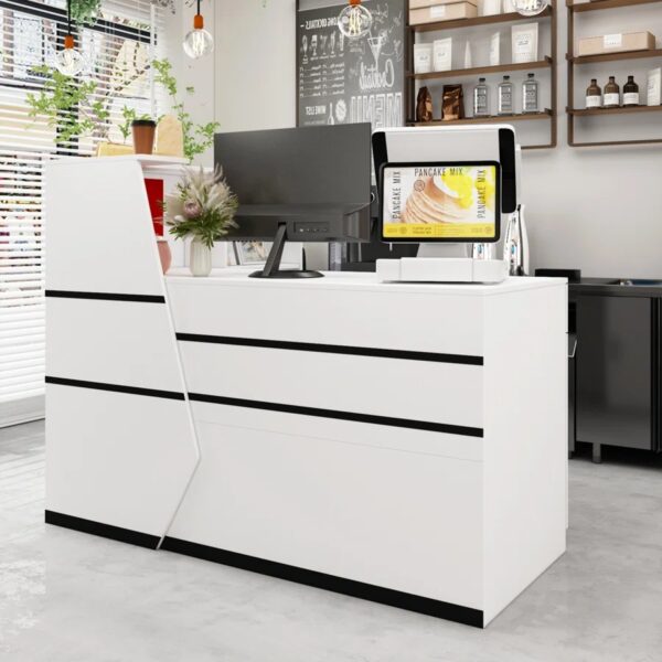 1600mm L-shaped reception office desk with wood veneer finish, storage drawers, and ample workspace.