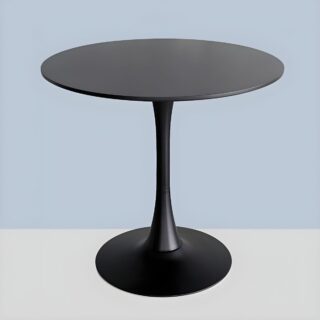 Black Round Wooden Tulip Dining Table with a sleek circular wood top and minimalist pedestal base in a modern dining room setting.