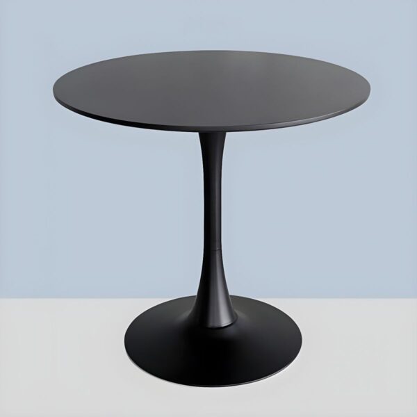 Black Round Wooden Tulip Dining Table with a sleek circular wood top and minimalist pedestal base in a modern dining room setting.