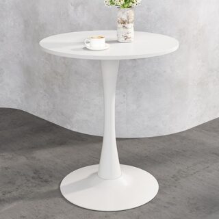 Round White Engineered Wood Dining Table with a smooth, sleek finish, ideal for modern dining rooms or kitchens.