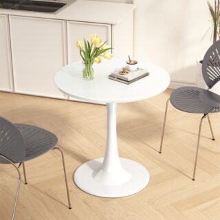 Modern Chalk White Round Dining Table with sleek minimalist design and sturdy base.