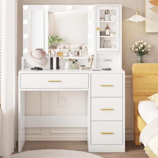 Makeup Vanity Dressing Table with Drawers featuring a spacious tabletop, built-in drawers, and a large mirror for organizing and applying makeup.