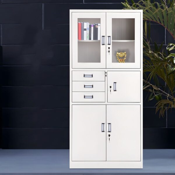 2-Door Metallic Office Cabinet with Safe, featuring adjustable shelves and a secure locking mechanism for valuables.