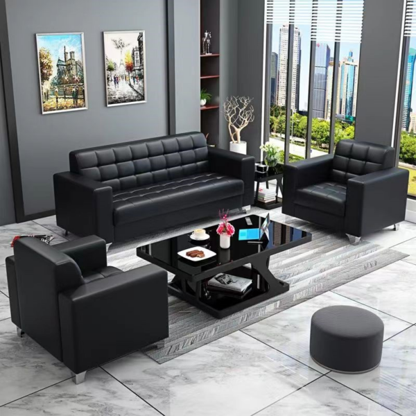 5-Seater Black Leather Executive Office Sofa Set with sleek design, plush cushions, and durable leather upholstery, ideal for office spaces.