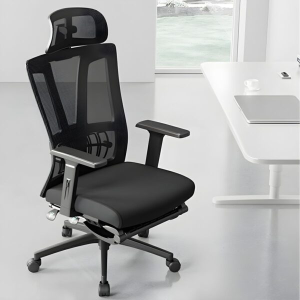 High-back mesh task chair with adjustable arms, ergonomic design, and breathable back for comfort and support.