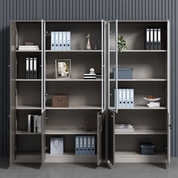 3-Door Grey Wood Office Storage Cabinet with adjustable shelves and a sleek, contemporary design.