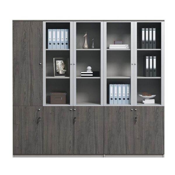 3-Door Grey Wood Office Storage Cabinet with adjustable shelves and a sleek, contemporary design.