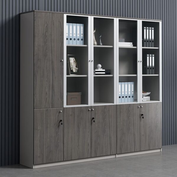 3-Door Grey Wood Office Storage Cabinet with adjustable shelves and a sleek, contemporary design.