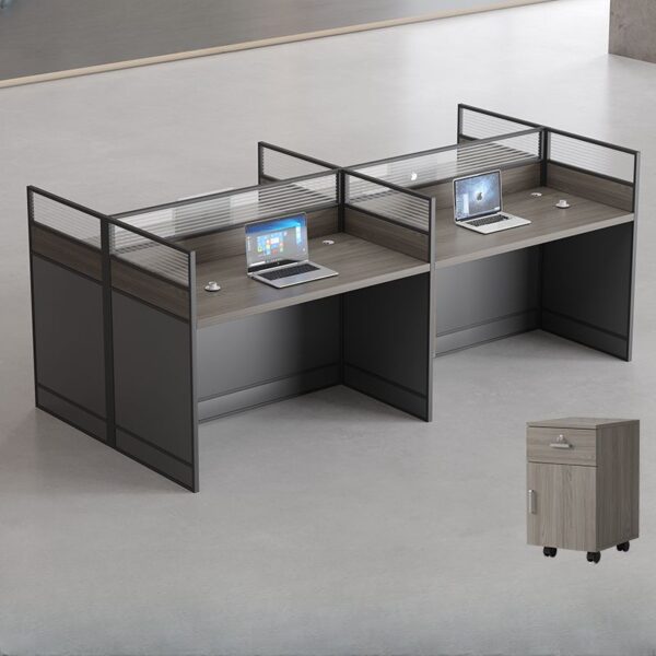 Dark Gray 4-Way Modular Office Workstation with sleek design, ample workspace, and built-in storage for efficient team collaboration.