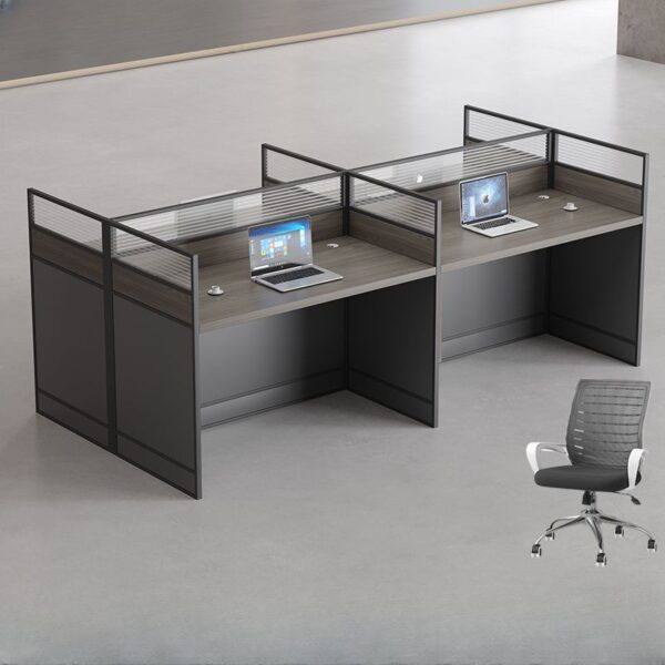 Dark Gray 4-Way Modular Office Workstation with sleek design, ample workspace, and built-in storage for efficient team collaboration.